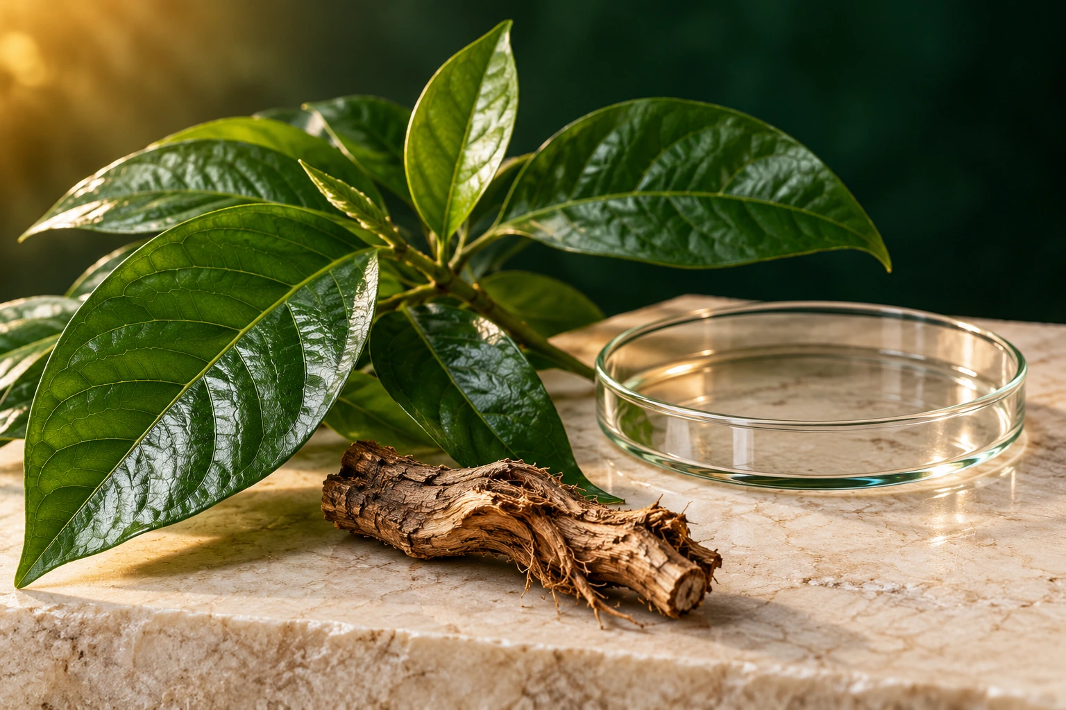Iboga leaves and root on a stone surface