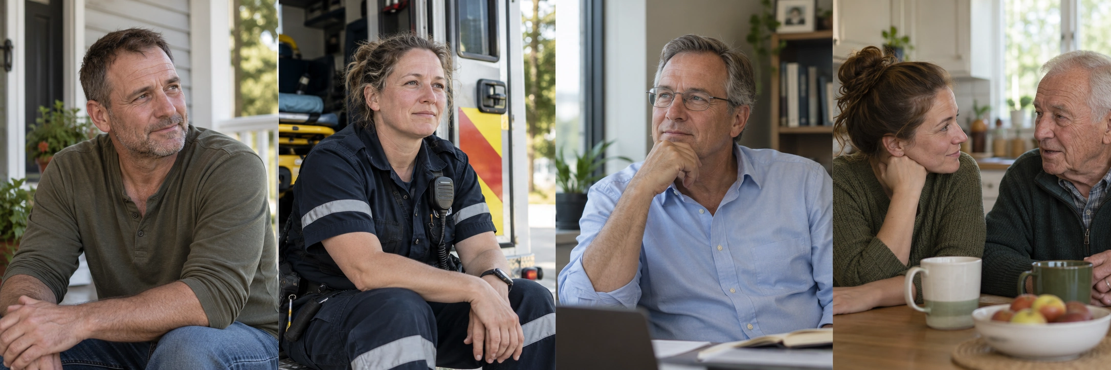 Illustrative scenes of a person in civilian clothes, a first responder, a business executive and a family conversation