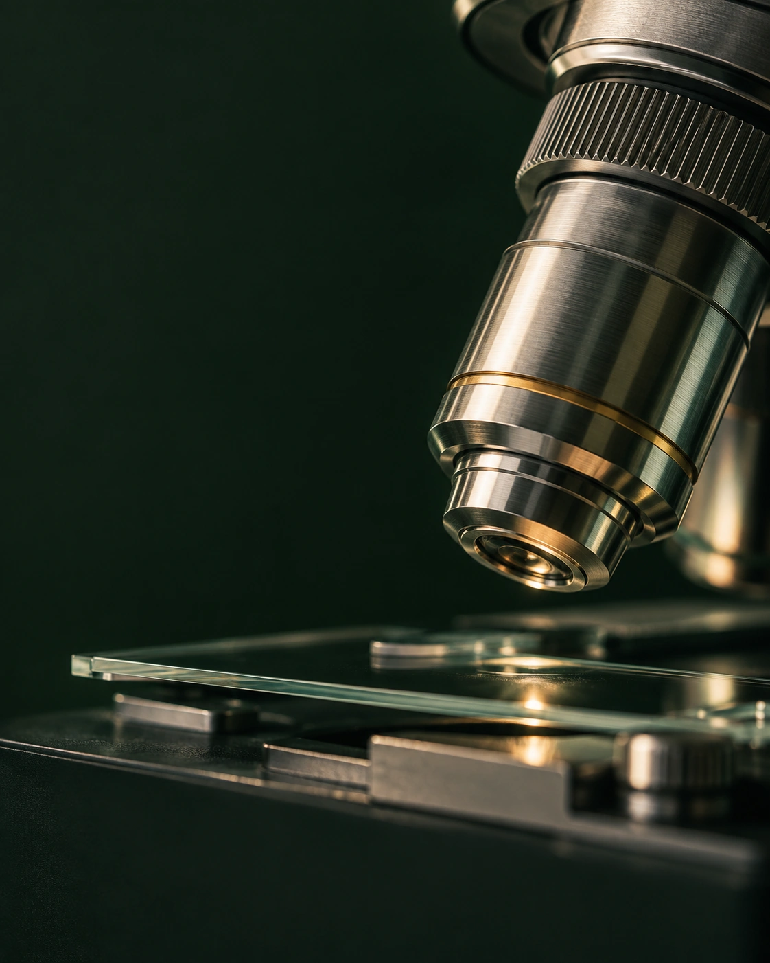 Conceptual macro image of a microscope objective above a glass slide
