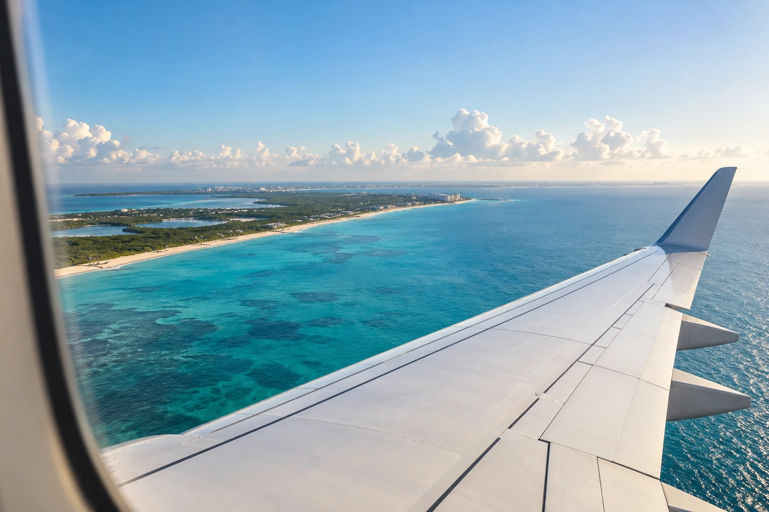 Illustrative view from an aircraft window, with a wing above turquoise water and a tropical coastline